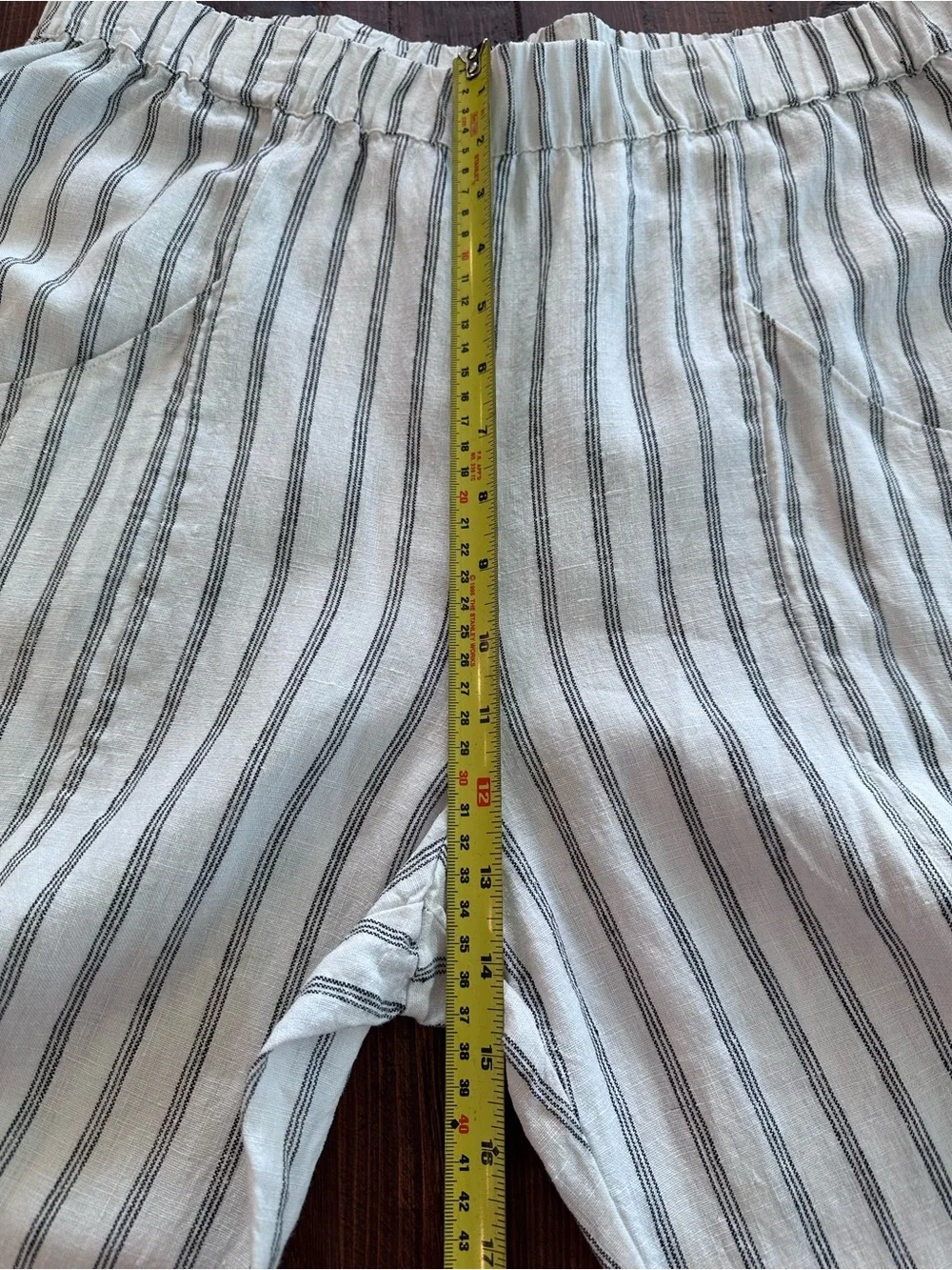 Quince 100% European Linen Tapered Ankle Pant Oatmeal Black Stripe Size L